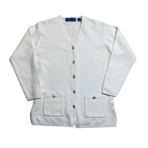 90s vintage Karen Scott Wool Knit White Cardigan with Gold Buttons Petite M - Picture 1 of 7